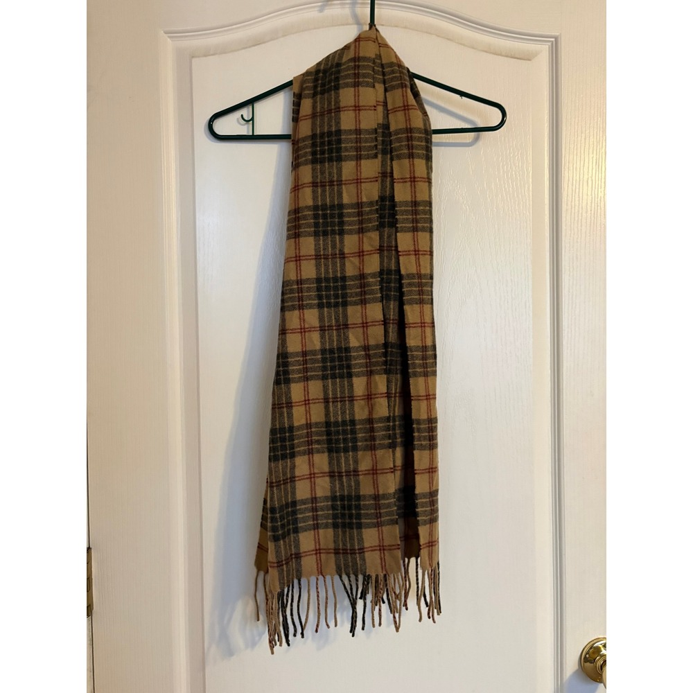 Jos. A. Bank Scarf Mens OS Tan Good 100% Cashmere Plaid Fringe Winter Accessory